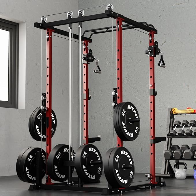 RitFit Upgraded PPC-P3 Power Cage, 3-in-1 Home Gym with Aluminum Pulley System, 1200LBS Capacity, Includes LAT Pulldown, Landmine, J-Hooks & 20+ Attachments, Fits Compact Spaces Black Red