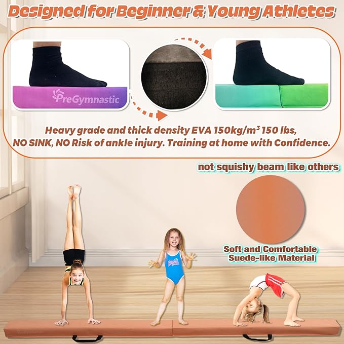 PreGymnastic 6FT/8FT/9.5FT Folding Balance Beam for Kids Ages 3-12, Foldable Gymnastics Floor Beam-Extra Firm Suede Cover with Carrying Bag for Home-Gym Equipment for Toddler Teenager