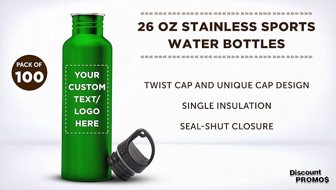 DISCOUNT PROMOS Custom Stainless Steel Water Bottles 26 oz. Set of 100, Personalized Bulk Pack - Reusable, Leak Proof, Perfect for Gym, Hiking, Camping, Outdoor Sports - Green