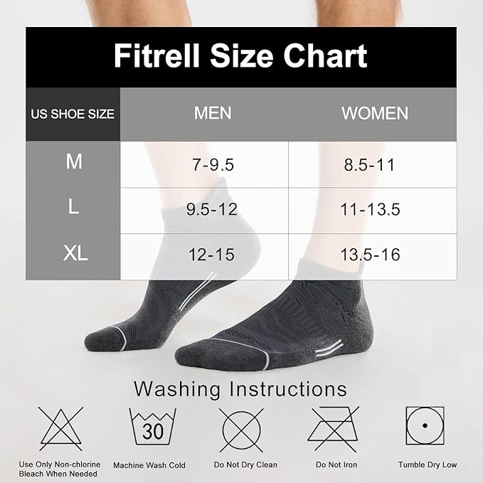 FITRELL 6 Pack Men's Ankle Running Socks Low Cut Cushioned Athletic Sports Socks 7-9/9-12/12-15
