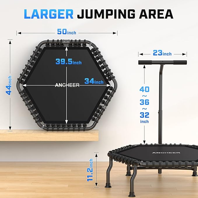 ANCHEER Trampoline, 50'' Rebounder Trampoline for Adult with Bar, Indoor Outdoor Mini Trampoline, 550LBS Fitness Trampoline with Bungee, Jumping Cardio Equipment, Exercise Trampoline at Home Gym