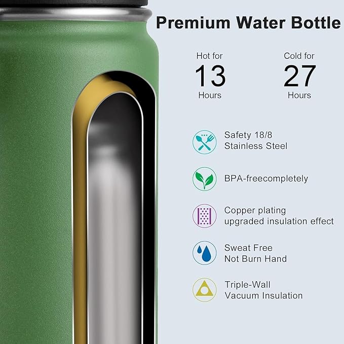koodee Insulated Water Bottle, 18 oz Stainless Steel Double Wall Vacuum Wide Mouth Sport Bottle with Leakproof Spout Lid (Grass Green)