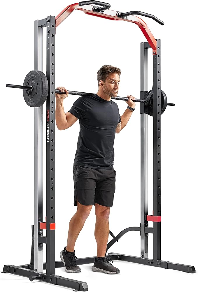 Sunny Health & Fitness Premium Smith Machine & Squat Cage Rack, Pull-Up Bar, Spotter Blocks for Weightlifting & Bench Press for Home Gym Strength Training