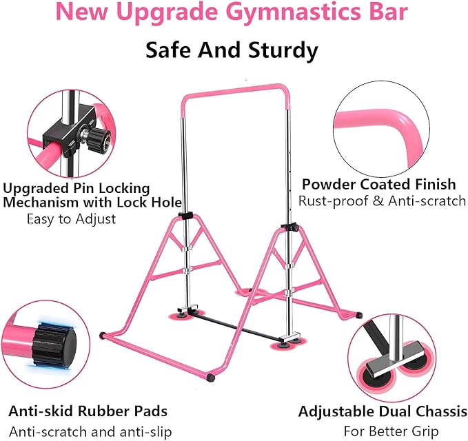 Gymnastics Horizontal Bar, Junior Training Kip Bar Gymnastics Equipment for Home, Adjustable Telescopic Height Folding Horizontal Bar with Gymnastic Rings for 3-12 Years Old Kids