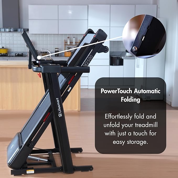 Lifesmart TM2500 PowerTouch Folding Treadmill for Home Gym | Brushless Motor, 10% Incline & -3% Decline | Compact Heavy Duty Treadmill with Bluetooth Speakers, Fan & Heart Rate Monitor