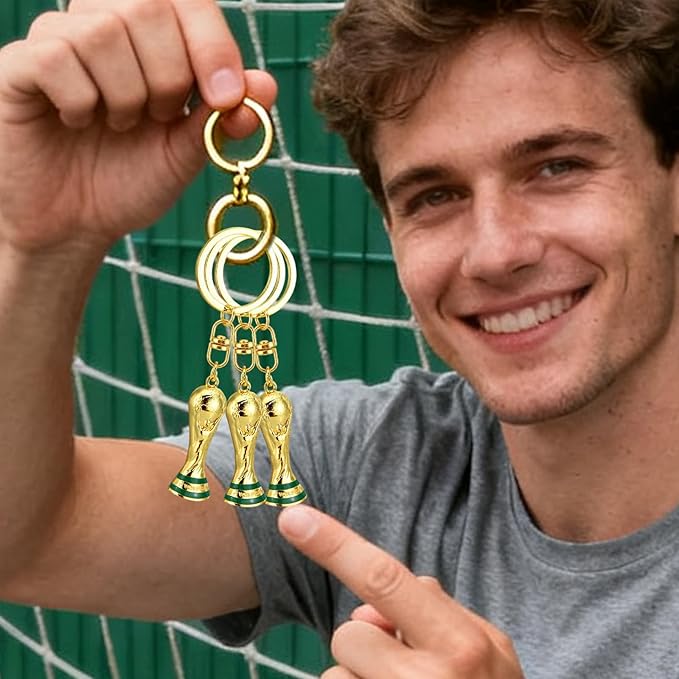 3 PCS 3D World Cup Trophy Golden Keychain Set Charm, Premium Zinc Alloy Football Fan Gift, Sports Event Keys for Backpacks, Bags, Fans & Collectors World Cup Souvenir