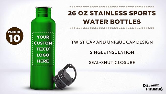 DISCOUNT PROMOS Custom Stainless Steel Water Bottles 26 oz. Set of 10, Personalized Bulk Pack - Reusable, Leak Proof, Perfect for Gym, Hiking, Camping, Outdoor Sports - Green