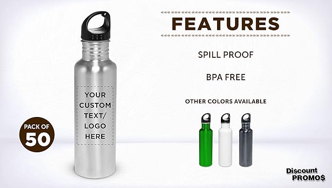 DISCOUNT PROMOS Custom Stainless Steel Water Bottles 26 oz. Set of 50, Personalized Bulk Pack - Reusable, Leak Proof, Perfect for Gym, Hiking, Camping, Outdoor Sports - Silver