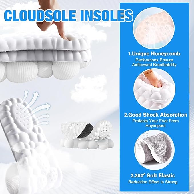 2Pairs 4D Cloud Insoles Men & Women, Memory Foam Cloud Insoles Super Soft Anti-Fatigue, Plantar Fasciitis Insole, Shock Absorption, Trim to Fit Arch Support for Foot Pain Relief and Fatigue Reduction