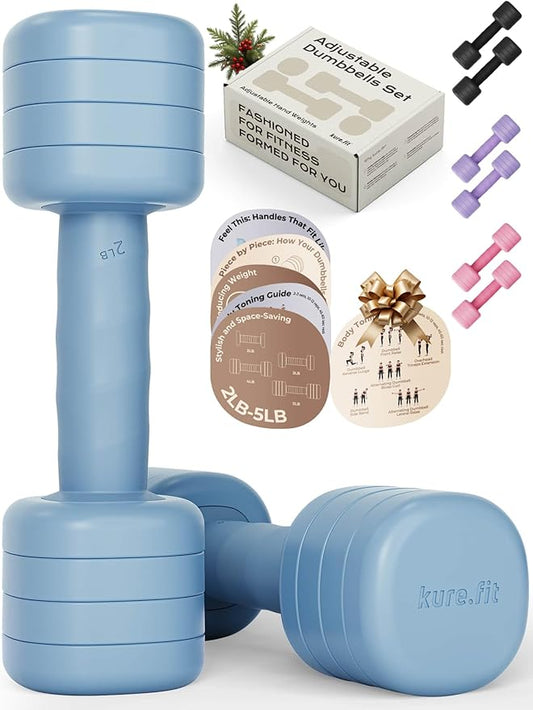 Adjustable Dumbbell Set｜2LB 3LB 4LB 5LB Light Hand Weights for Women｜One-Twist Weight Adjustment｜Non-Slip Curved Grip Handle｜Free Weights for Home Gym, Rehab, Pilates, Yoga, Strength Training