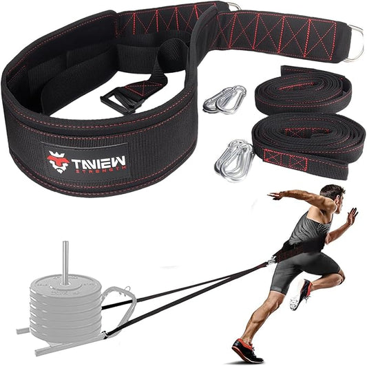 TAVIEW Sled Pulling Belt with Adjustable Closure, 2 Sled Pulling Straps & 4 Hooks – Ideal for Resistance Training, Strength