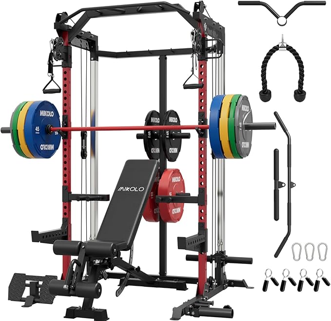 Mikolo Power Cage, 2000LB Power Rack with Independent Dual Pulley System, Multi-Function Home Gym Workout Machine for Cable Crossover