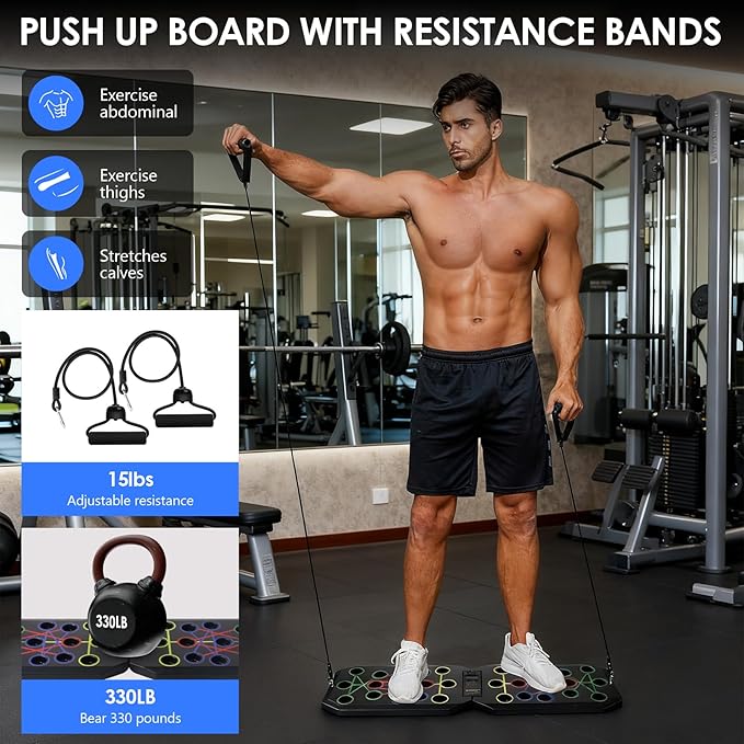 Push Up Board Fitness, 15 in 1 Multi-Functional Pushup Training Board with Handles, Foldable Floor Chest Muscle Exercise Fitness Equipment Burn Fat Push Up Board for Strength Training, Chest, Arms & Core
