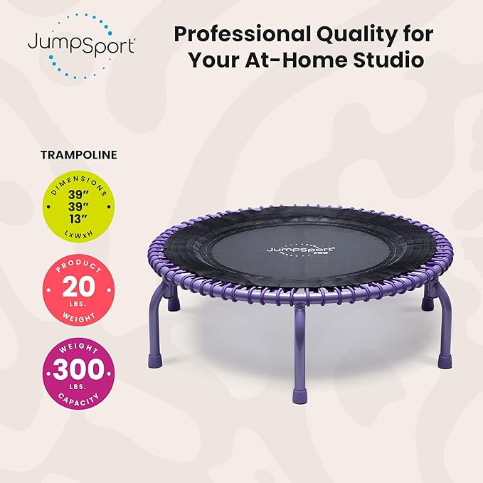 JumpSport 350 PRO Fitness Trampoline, Cardio Workout, No-Tip Arched Legs Home Gym Equipment, Adjustable Bungees & 60 Day Trial Video