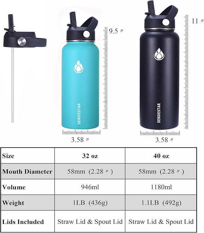 Insulated Water Bottle 32 oz with Straw, Stainless Steel Wide Mouth Water Bottle, Double Wall Vacuum Leak Proof with Straw Lid & Spout Lid for Sports or Office, Keep Cold or Hot Up to 24 Hrs