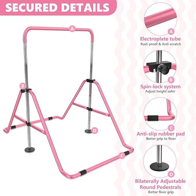 HYD-Parts Gymnastics Bar with Mat, Foldable Gymnastics Horizontal Bar Height Adjustable, Gymnastics Equipment for Kids 3-12 Ages, Children's Gifts