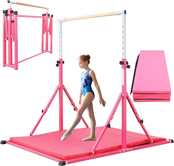 PreGymnastic Foldable Gymnastics Bar, 5.6FT Folding Horizontal Bars for Kids Ages 3-12, Weight Limit 350 LBS, Adjustable kip Bar, Children Home Gym Equipment Indoor