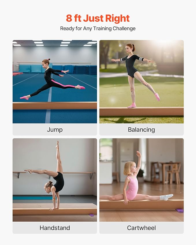 VEVOR 8FT Balance Beam for Kids, 200-350LBS Stable Support Gymnastics Floor Beam with Non-Slip Mat, Wood-Core/EVA Gymnastics Training Equipment with Anti-Slip Bottom & Carry Bag for Home Gym