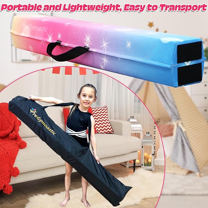 PreGymnastic 6FT/8FT/9.5FT Folding Balance Beam for Kids Ages 3-12, Foldable Gymnastics Floor Beam-Extra Firm Suede Cover with Carrying Bag for Home-Gym Equipment for Toddler Teenager
