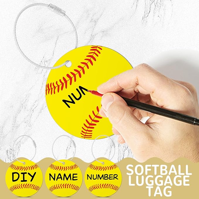 12 Pcs Softball Luggage Tags for Suitcases Travel Suitcase Labels with Metal Ring 2.75in Softball Keychain PVC Name Id and DIY Pocket Hug Card Backpack Charms for Men Women Travel Bag Suitcase