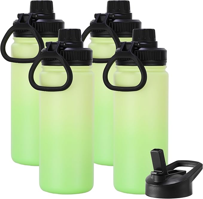 DOMICARE 16 oz Kids Water Bottle for School Stainless Steel Double Wall Vacuum Insulated Water Bottle with Straw lids & Spout Lid, Leakproof BPA Free (Green gradient,4)