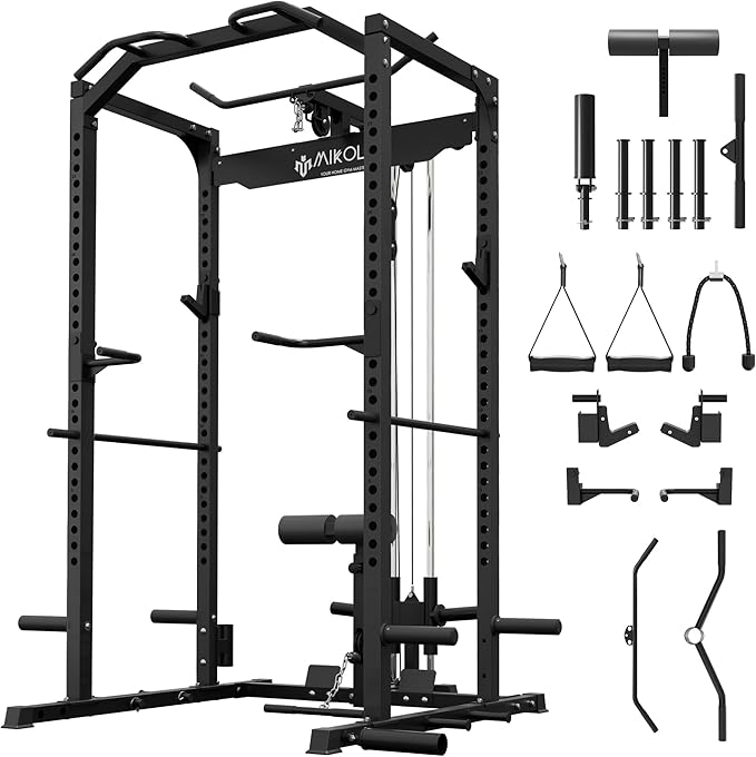 Mikolo Power Cage, Power Rack with LAT Pulldown, 1200 Pounds Capacity Workout Cage with More Training Attachments, Squat Rack for Home Gym, F4 Versions