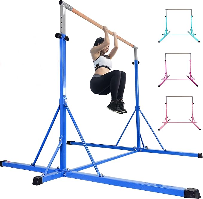 Gymnastics Bar, 5'10” Base length 45" to 71" Adjustable Horizontal Bar for Serious Training, 500 LBS Capacity, Professional Home Gym Equipment with Competition-Grade Beech-covered Fiberglass Bar