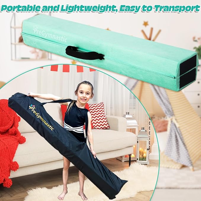 PreGymnastic 6FT/8FT/9.5FT Folding Balance Beam for Kids Ages 3-12, Foldable Gymnastics Floor Beam-Extra Firm Suede Cover with Carrying Bag for Home-Gym Equipment for Toddler Teenager