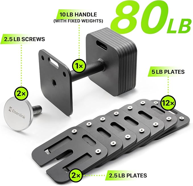 Eisenlink Adjustable Dumbbell Set, 10-50/80lb, 5lb Increments, Quick-Lock Square Weight Dumbbells for Home Gym Fitness (50/80lb×2)
