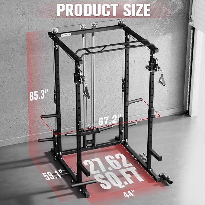 RitFit Upgraded PPC-P3 Power Cage, 3-in-1 Home Gym with Aluminum Pulley System, 1200LBS Capacity, Includes LAT Pulldown, Landmine, J-Hooks & 20+ Attachments, Fits Compact Spaces Black Red