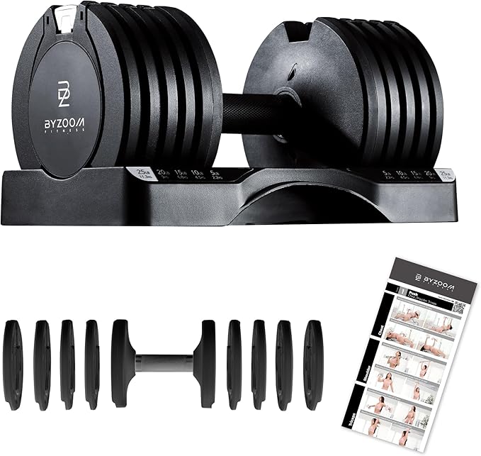 BYZOOM FITNESS Adjustable Dumbbell – 12.5/25lb Single Unit OR Set of 2 – 5-in-1 Adjustable Weight for Home Gym, Strength Training & Fitness Workouts, White OR Black