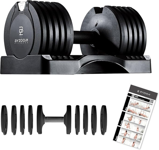 BYZOOM FITNESS Adjustable Dumbbell – 12.5/25lb Single Unit OR Set of 2 – 5-in-1 Adjustable Weight for Home Gym, Strength Training & Fitness Workouts, White OR Black