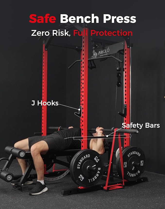 Mikolo Power Cage, Power Rack with LAT Pulldown, 1200 Pounds Capacity Workout Cage with More Training Attachments, Squat Rack for Home Gym, F4 Versions