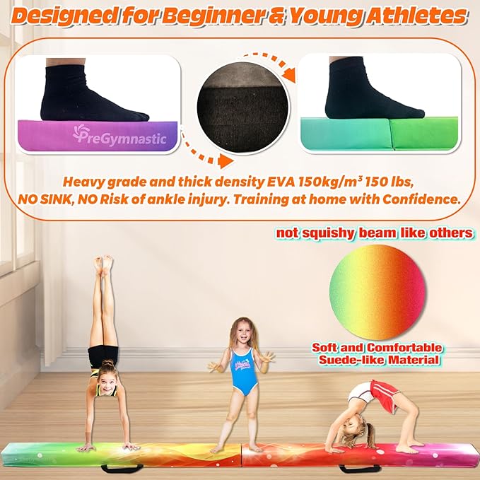 PreGymnastic 6FT/8FT/9.5FT Folding Balance Beam for Kids Ages 3-12, Foldable Gymnastics Floor Beam-Extra Firm Suede Cover with Carrying Bag for Home-Gym Equipment for Toddler Teenager