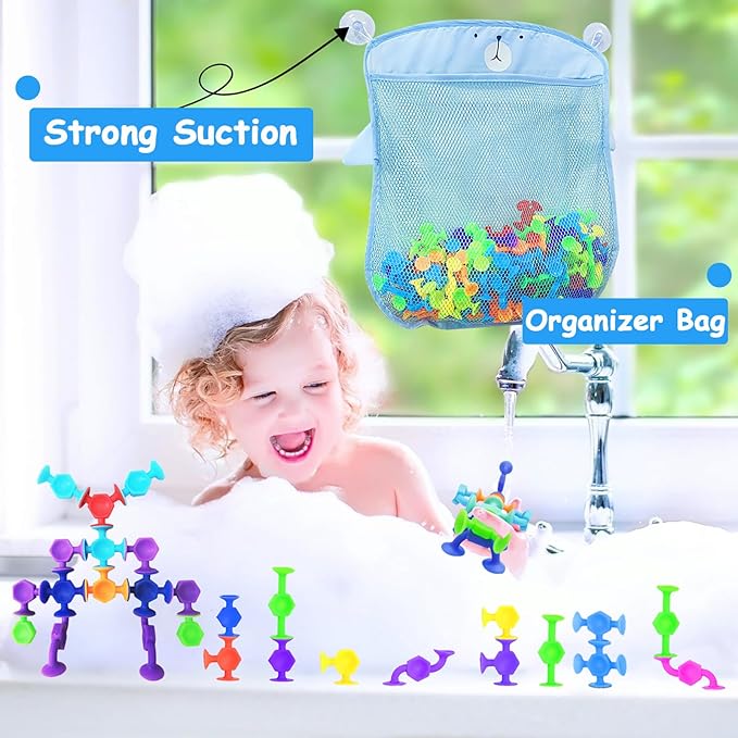 165Pcs Suction Cup Toys Bath Sensory Toys for Kids, Stocking Stuffers Genius Suckers Building Party Favor for 3 4 5 6 Year Old Boy Girl Toddler Travel Fidget Window with Storage