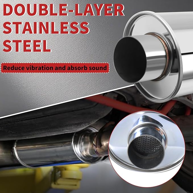 LCGP 3" Ultra Quiet Resonator, 3'' Inlet & Outlet 14" Overall Length Universal Muffler, 304 Stainless Steel vibrant performance resonator 3", Oval Muffler Shape, Silver