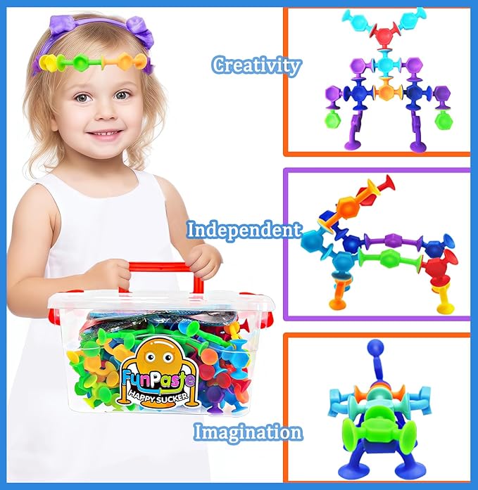 165Pcs Suction Cup Toys Bath Sensory Toys for Kids, Stocking Stuffers Genius Suckers Building Party Favor for 3 4 5 6 Year Old Boy Girl Toddler Travel Fidget Window with Storage