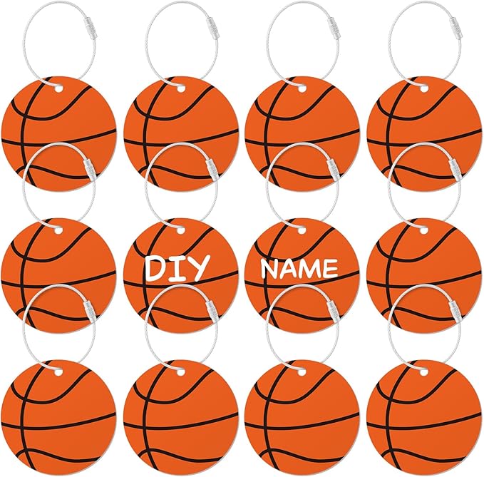 12 Pcs Basketball Luggage Tags for Travel Suitcases Labels with Metal Ring 2.75in Basketball Keychain PVC Name Id and DIY Pocket Hug Card Backpack Charm for Men Women Travel Bag Suitcase