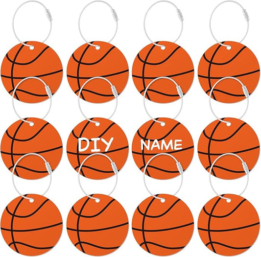 12 Pcs Basketball Luggage Tags for Travel Suitcases Labels with Metal Ring 2.75in Basketball Keychain PVC Name Id and DIY Pocket Hug Card Backpack Charm for Men Women Travel Bag Suitcase