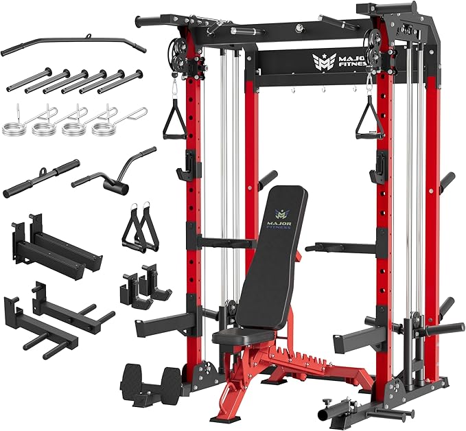 MAJOR FITNESS F22 Power Rack, 1600lbs All-in-One Squat Rack with Dual Pulley System, Heavy-Duty Steel Frame, Attachments & Storage for Home Gym Strength Training