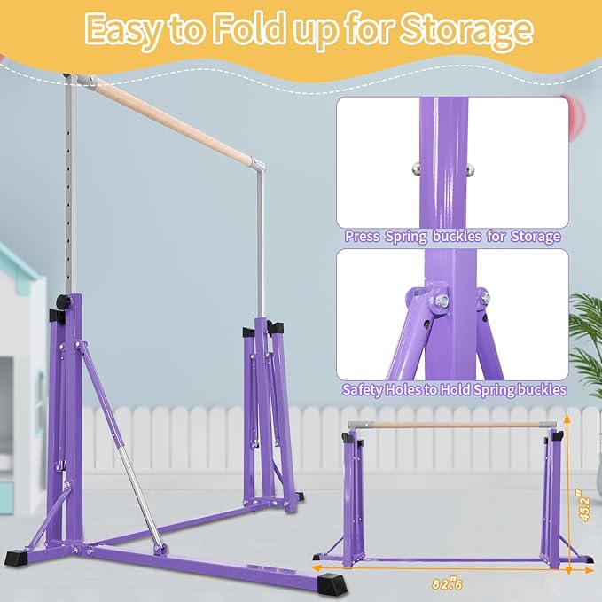 Gymnastics Bar, 5'10” Base length 45" to 71" Adjustable Horizontal Bar for Serious Training, 500 LBS Capacity, Professional Home Gym Equipment with Competition-Grade Beech-covered Fiberglass Bar