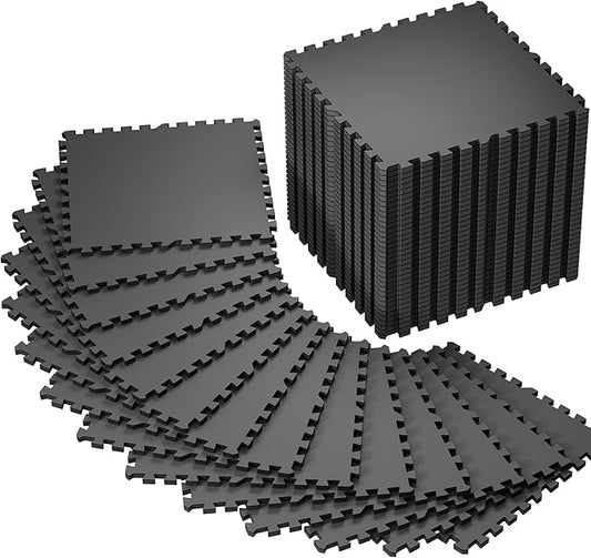 SUPERJARE 0.56'' Thick 48 Pcs 192 Sq Ft Rubber Top Exercise Equipment Mats, High Density EVA Foam Mats with Rubber Top, Interlocking Gym Flooring for Home Gym, Protective Workout Mat, Black