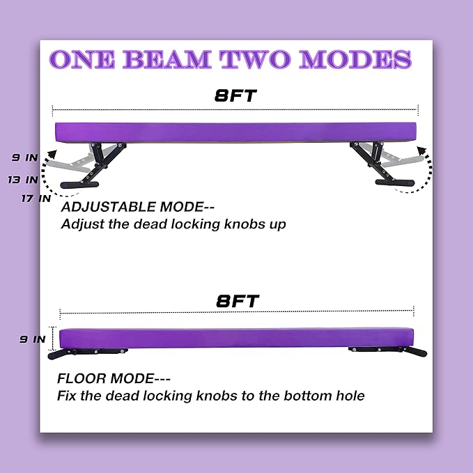 Adjustable Balance Beam for Kids, 8FT Gymnastics Beam with Anti-Slip Legs, High and Low Floor Beam for All Gymnastics Levels, Professional Gymnastic Equipment for Home, Gym Center