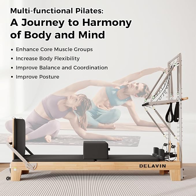 DELAVIN Pilates Reformer with Tower, Pilates Machines with Springs, Sitting Box, Jump Board and Accessories, Solid Wooden Pilates Equipment for Studio, Gym and Home Workout