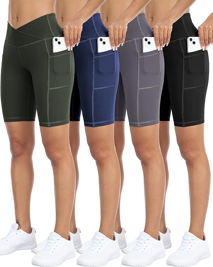 WHOUARE 4 Pack Biker Yoga Shorts with Pockets for Women,High Waisted Athletic Running Workout Gym Shorts Tummy Control