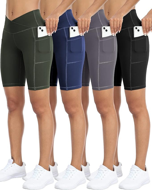 WHOUARE 4 Pack Biker Yoga Shorts with Pockets for Women,High Waisted Athletic Running Workout Gym Shorts Tummy Control