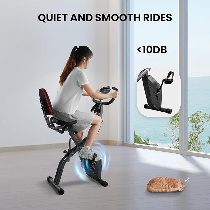 Exercise Bike, 4 IN 1 Stationary Bike, Foldable Folding Exercise Bike with 10-Level Magentic Resistance, Support Back Pad and Phone/Tablet Holder, Arm Resistance Band, Pulse Sensor, LCD Monitor for Home Workout 265LB Capacity