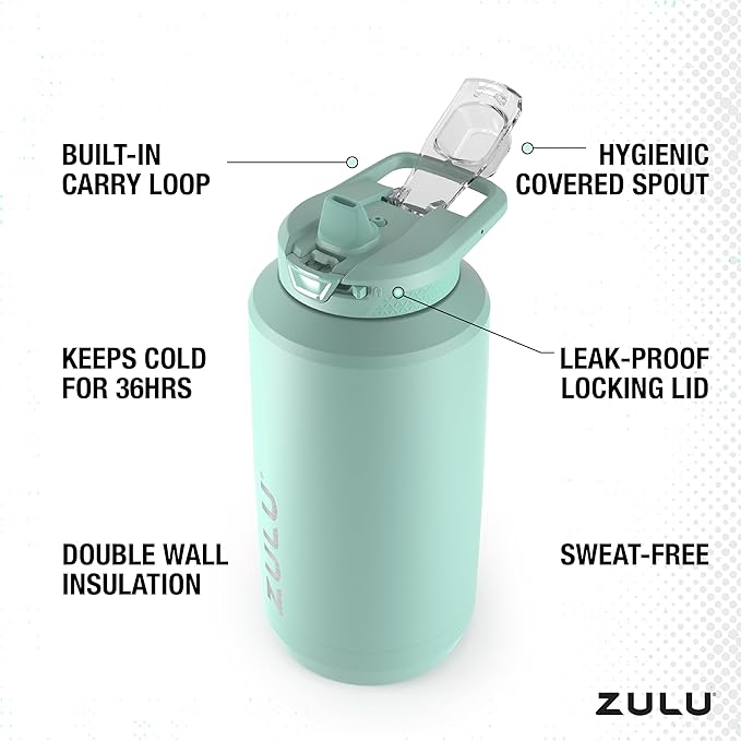 ZULU Goals Vacuum Insulated Large Capacity Stainless Steel Water Bottle | Reusable Jug Thermoses with Carry Handle | Leak-Proof Lid | Perfect for Travel, Workout, Gym, Hiking, Camping | 64oz, 101oz