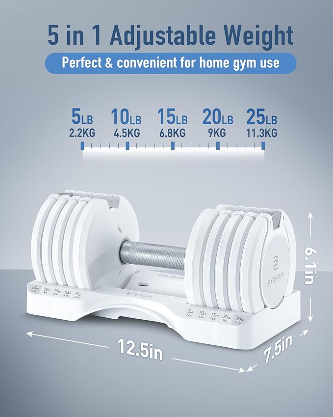 BYZOOM FITNESS Adjustable Dumbbell – 12.5/25lb Single Unit OR Set of 2 – 5-in-1 Adjustable Weight for Home Gym, Strength Training & Fitness Workouts, White OR Black