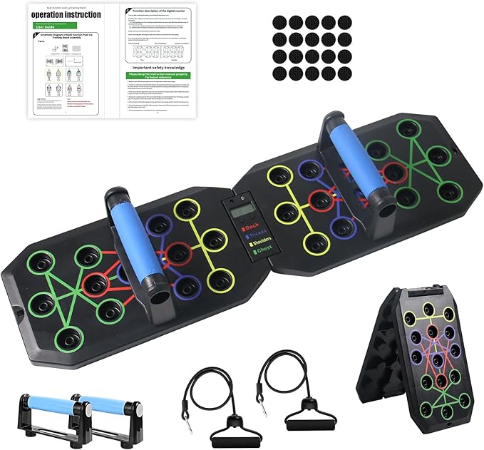 Push Up Board Fitness, 15 in 1 Multi-Functional Pushup Training Board with Handles, Foldable Floor Chest Muscle Exercise Fitness Equipment Burn Fat Push Up Board for Strength Training, Chest, Arms & Core